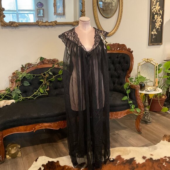 Vintage sheer Escante Lace Mesh Dress w/ Matching Panty Leg Slits Size M Black